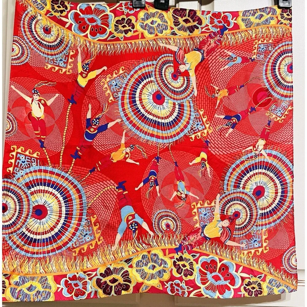Pineda Covalin Silk Satin Square Scarf Red Multicolor Floral Fringe Dry Clean